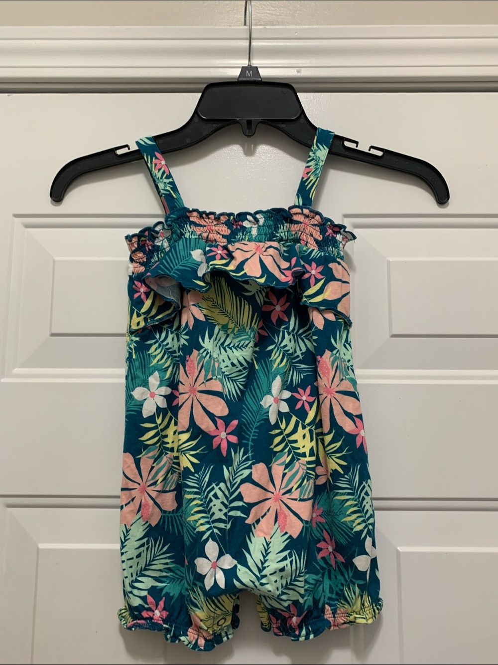 4/$10 Carter's 100% Cotton 24 Month Teal Floral Ruffle Romper with Pink Accents
